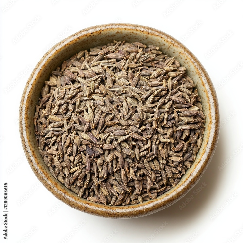 Cumin seeds in ceramic bowl on white background for culinary and medicinal use Cumin seeds in ceramic bowl on white background for culinary and medicinal use