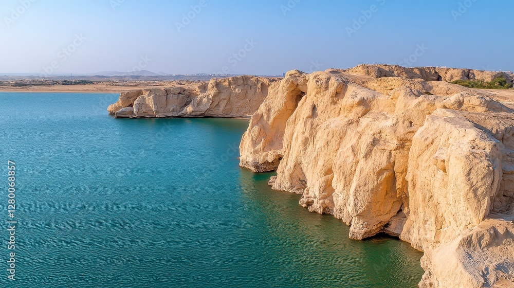 Tranquil Coastal Landscape with Rocky Cliffs and Shimmering Turquoise Waters Tranquil Coastal Landscape with Rocky Cliffs and Shimmering Turquoise Waters