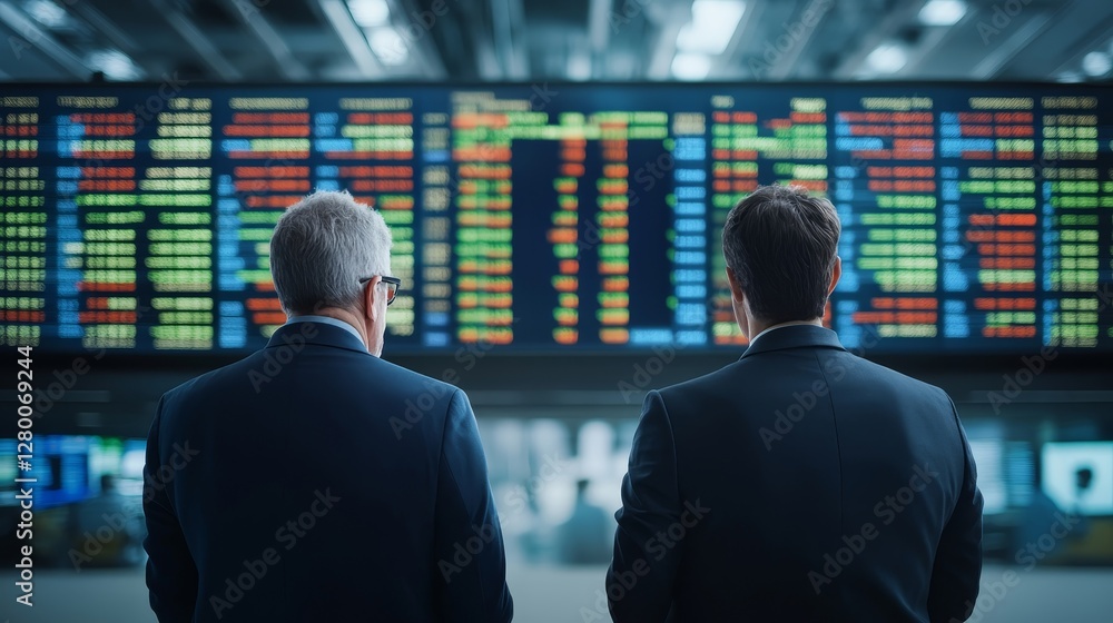Businessmen Analyzing Financial Market Data in Modern Office Setting Businessmen Analyzing Financial Market Data in Modern Office Setting
