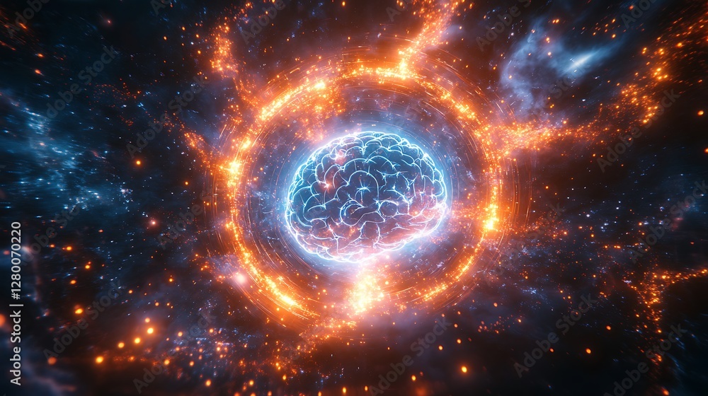 Fototapeta premium A radiant cybernetic brain, neural circuits glowing vividly, surrounded by concentric quantum energy rings pulsating with light, cosmic energy particles adding depth,