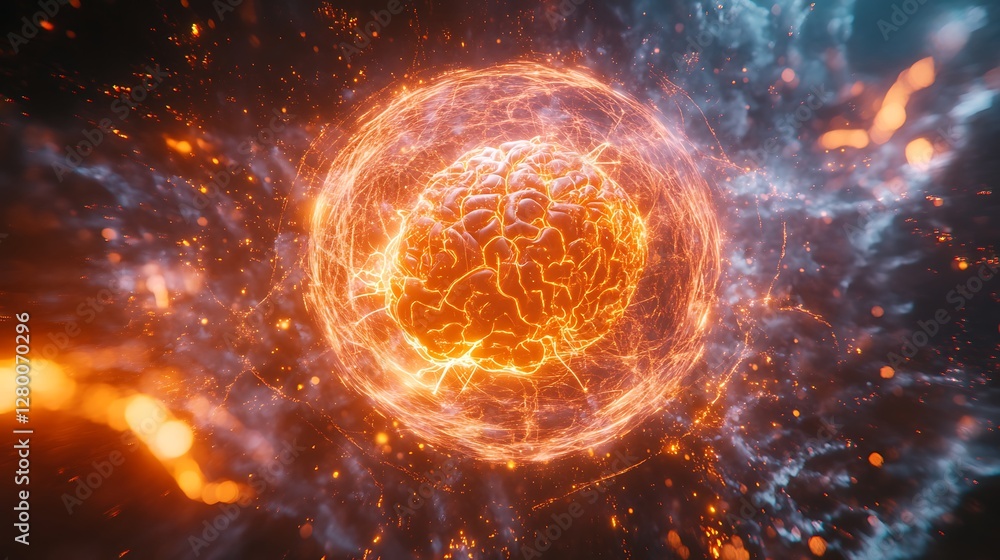 Obraz premium A radiant cybernetic brain with glowing neural connections, encircled by vibrant, pulsating quantum energy rings, surrounded by a cosmic field filled with luminous particles,