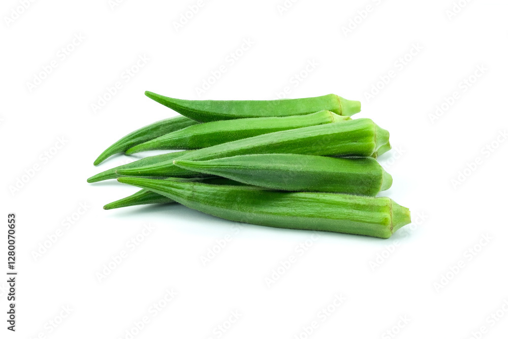 Group of fresh fruits of okra or Abelmoschus esculentus isolated on white background stack closed up. Raw okra is rich source of dietary fiber and vitamin C and K. Group of fresh fruits of okra or Abelmoschus esculentus isolated on white background stack closed up. Raw okra is rich source of dietary fiber and vitamin C and K.