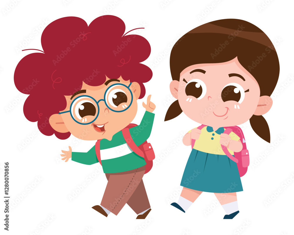 A cheerful digital illustration of two happy children walking together with backpacks, ready for school. A cheerful digital illustration of two happy children walking together with backpacks, ready for school.