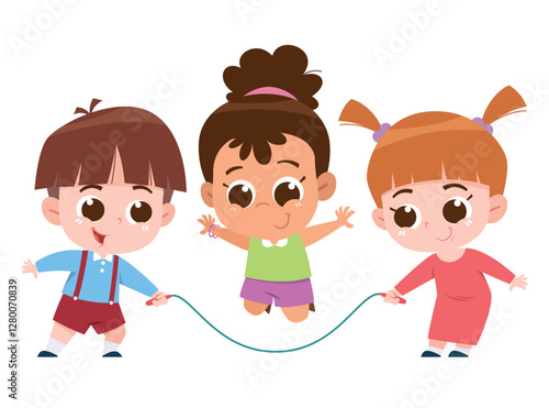 A fun and lively digital illustration of three happy children playing jump rope together.