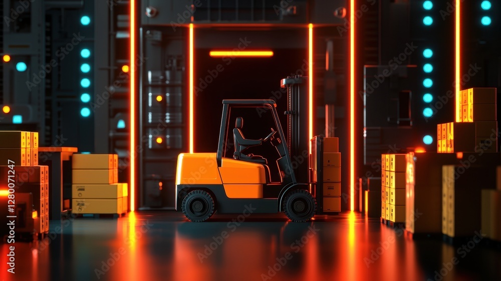 Vibrant Warehouse Scene Featuring a Modern Forklift Surrounded by Stacked Boxes in an Industrial Setting with Neon Lighting Effects Vibrant Warehouse Scene Featuring a Modern Forklift Surrounded by Stacked Boxes in an Industrial Setting with Neon Lighting Effects