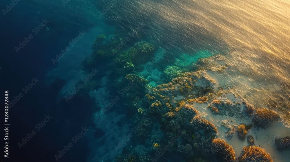 Fototapeta premium Aerial view of vibrant coral reef at sunset.