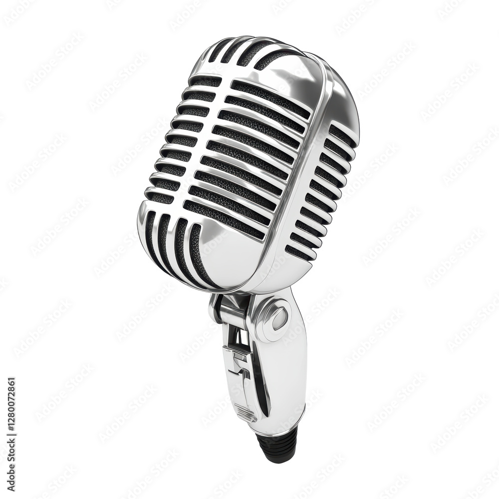 Fototapeta premium A microphone with a silver color and a black and white design. The microphone is placed on a white background