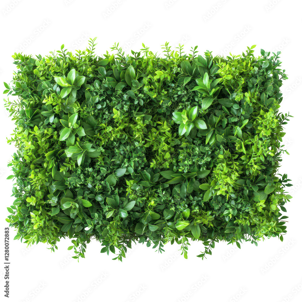 Obraz premium A green plant wall with green leaves. The wall is made of fake plants and is on a white background