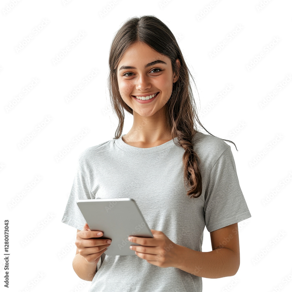 Confident woman in a light gray T-shirt pointing to her phone, isolated on transparent background Confident woman in a light gray T-shirt pointing to her phone, isolated on transparent background