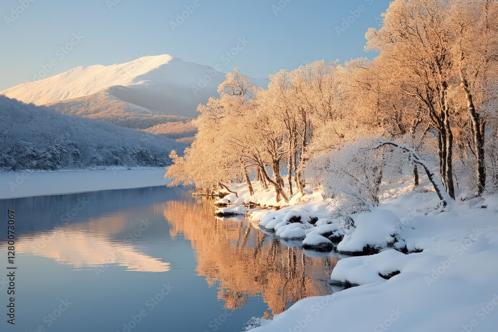 Snow Covered Trees and Lake Reflecting Sunset in Peaceful Winter Landscape Snow Covered Trees and Lake Reflecting Sunset in Peaceful Winter Landscape