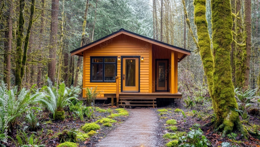 Cozy Orange Cabin Surrounded by Lush Greenery in Forest Setting with Mossy Trees and Pathway Leading to Front Door Cozy Orange Cabin Surrounded by Lush Greenery in Forest Setting with Mossy Trees and Pathway Leading to Front Door