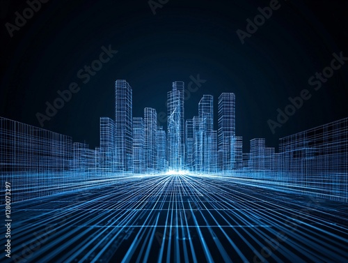 Cybernetic wireframe landscapes, neon blueprints of an abstract metropolis, endless lines converging into infinity, hyper-detailed vector precision, futuristic symmetry
