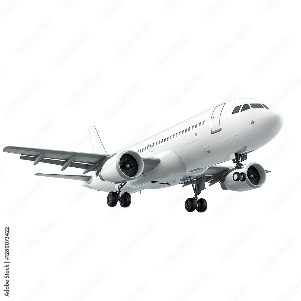Fototapeta premium A white airplane is taking off from the runway. The plane is large and has two engines. Concept of excitement and adventure, as the airplane is about to embark on a journey