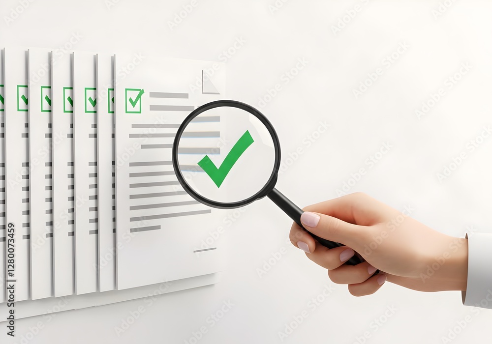 Document review process and quality control concept. Hand holding magnifying glass over a document icon with checklist, Standardization, Document review and approval. Certificate management, Audit, 
