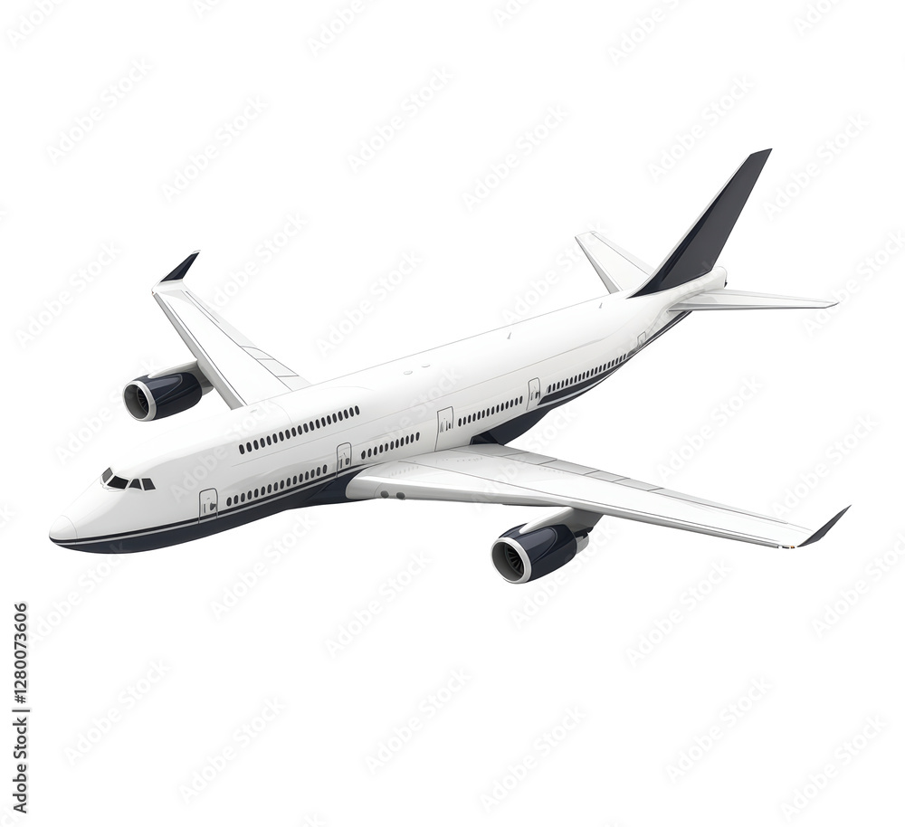 A white and blue airplane is sitting on a white background. The airplane is large and has a blue stripe on the side. Concept of calm and serenity, as the airplane is not in motion A white and blue airplane is sitting on a white background. The airplane is large and has a blue stripe on the side. Concept of calm and serenity, as the airplane is not in motion