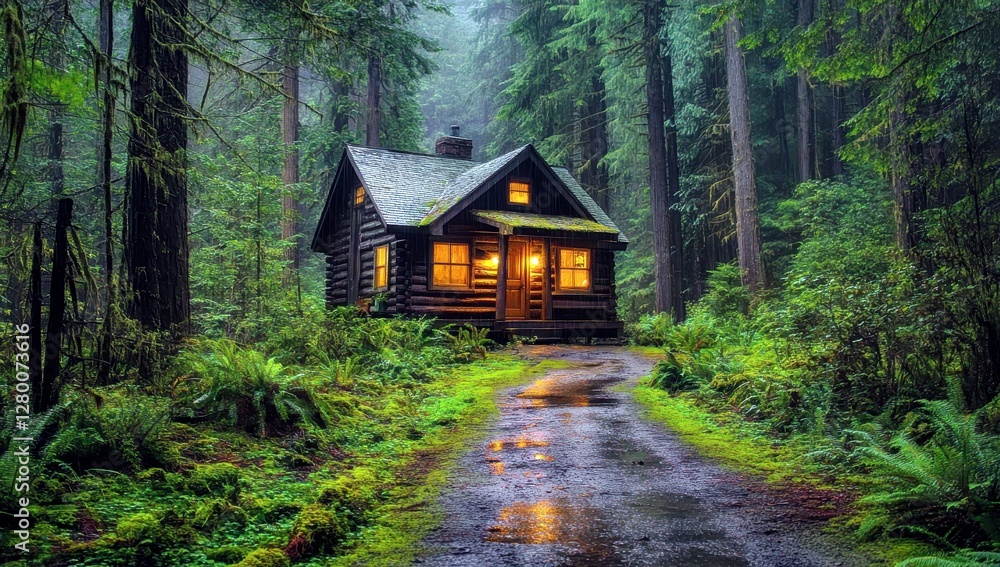 Cozy Log Cabin Surrounded by Tall Trees and Lush Greenery in Misty Forest Scene with Warm Light from Windows and Reflective Wet Pathway Cozy Log Cabin Surrounded by Tall Trees and Lush Greenery in Misty Forest Scene with Warm Light from Windows and Reflective Wet Pathway
