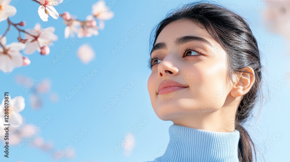 Indian Woman in blue ribbed necks enjoy fresh air in park with cherry blossom Indian Woman in blue ribbed necks enjoy fresh air in park with cherry blossom