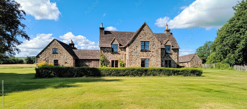 Charming stone house situated on lush green lawn under a bright blue sky with scattered fluffy clouds in a serene rural setting Charming stone house situated on lush green lawn under a bright blue sky with scattered fluffy clouds in a serene rural setting