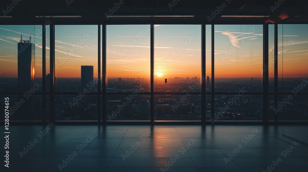 Fototapeta premium Stunning sunset cityscape view from a modern skyscraper.