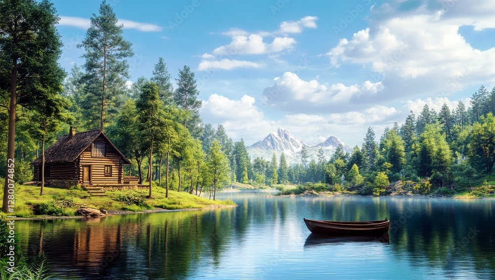 Charming log cabin beside tranquil lake surrounded by lush green trees and majestic mountains under a bright blue sky with white fluffy clouds