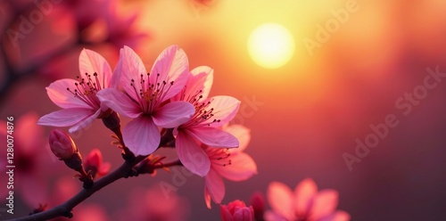Wallpaper Mural Close-up of delicate pink blossoms under a warm orange sunset, colorful, close-up Torontodigital.ca