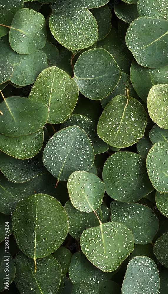 Fototapeta premium Lush Green Leaves Adorned with Delicate Water Droplets Displayed