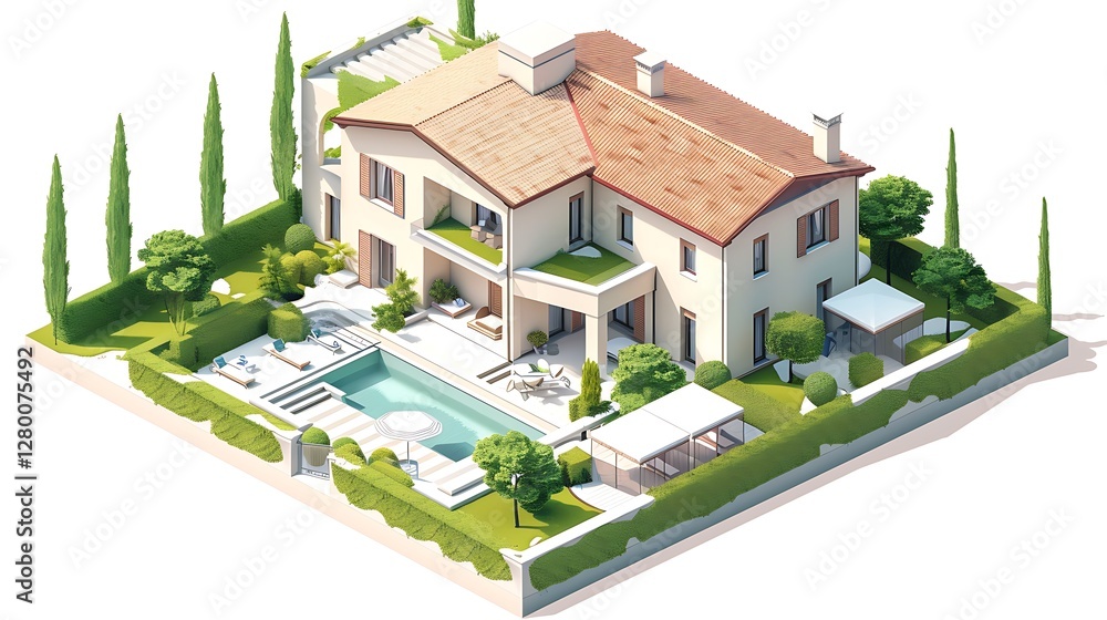 Isometric Modern Italian Vector Image of a modern Italian countryside villa Isometric Modern Italian Vector Image of a modern Italian countryside villa