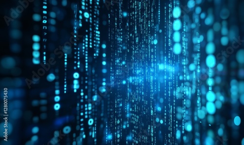 Blue digital binary code background with glowing lights and bokeh effect, creating an atmosphere of futuristic technology and data science.