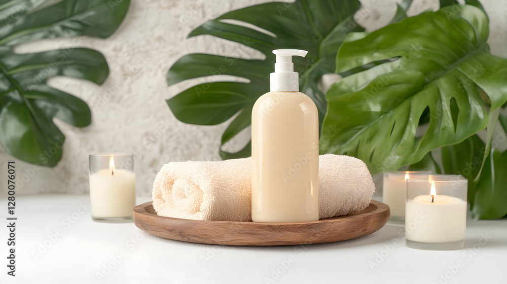 Luxurious lotion on wooden tray with towels and candles, creating serene spa atmosphere Luxurious lotion on wooden tray with towels and candles, creating serene spa atmosphere