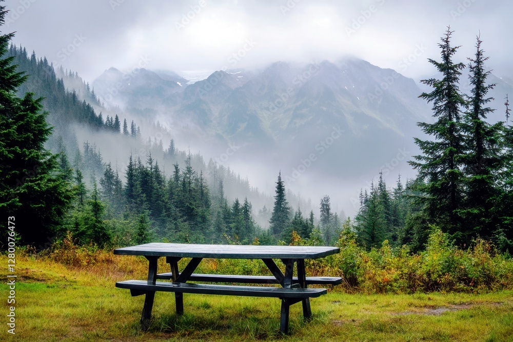 Serene Mountain Landscape with Fog and Table in Foreground, Lush Greenery, and Majestic Peaks in Background, Calm Atmosphere for Nature Lovers