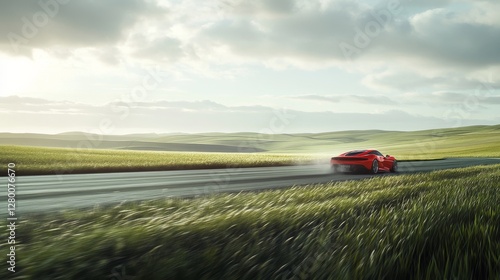 Drag racing car tearing down an open road through vast green fields. Featuring freedom and energy