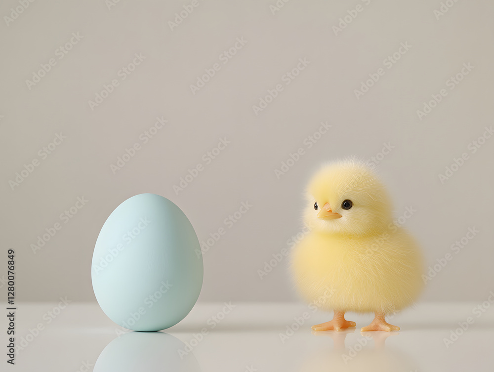 cute yellow chick stands beside pastel blue egg, evoking spring joy cute yellow chick stands beside pastel blue egg, evoking spring joy
