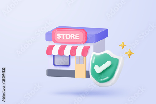 3d store icon signs for shopping and shield protection with check mark for payment safety concepts. merchandise product with coupon promotion. 3d quality guarantee icon vector render illustration