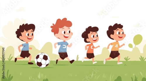 Group of Happy Cartoon Children Running and Playing Soccer on a Bright Sunny Day in a Playful Outdoor Setting