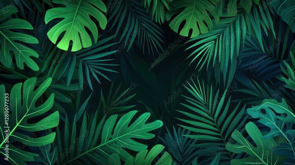 Fototapeta premium Lush tropical foliage background with vibrant green leaves