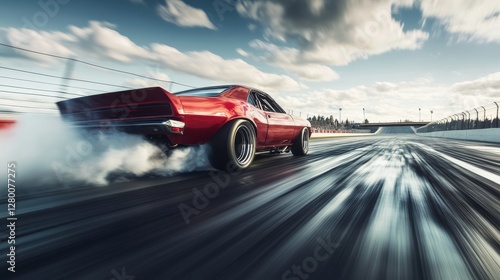 Drag racing car tearing down the track. Featuring excitement and high speed