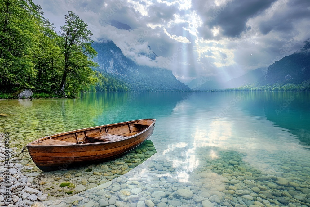 Serene Wooden Boat Floating on Calm Lake Surrounded by Majestic Mountains and Lush Green Trees Under Dramatic Cloudy Sky with Sunlight Rays Serene Wooden Boat Floating on Calm Lake Surrounded by Majestic Mountains and Lush Green Trees Under Dramatic Cloudy Sky with Sunlight Rays