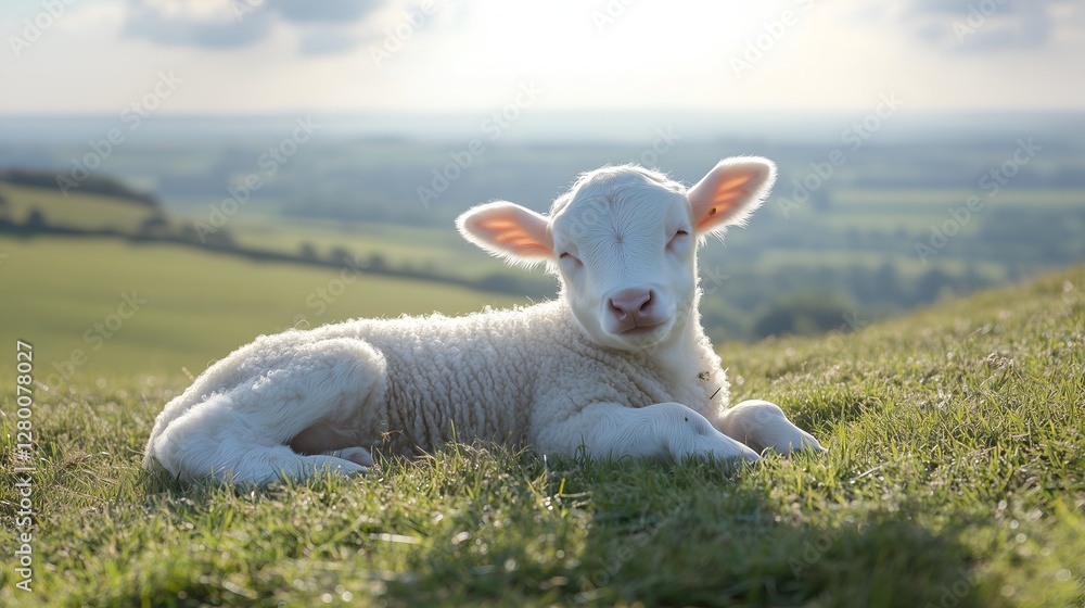 Obraz premium A fluffy white sheep lying peacefully on soft green grass in a serene rural landscape under a clear blue sky