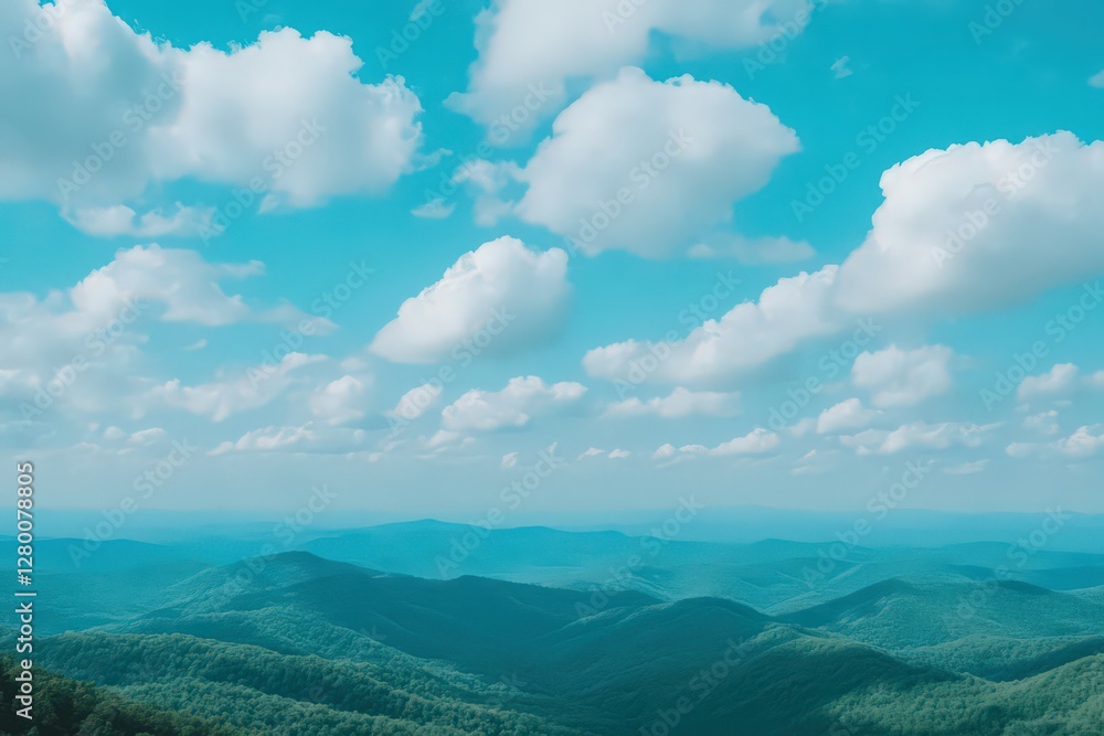 Panoramic View of Lush Green Mountains Under a Vibrant Blue Sky with Fluffy White Clouds Panoramic View of Lush Green Mountains Under a Vibrant Blue Sky with Fluffy White Clouds