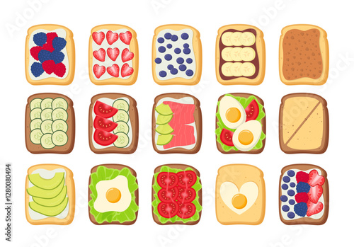 Toasted Bread Big Collection. Sandwiches with Different Toppings Set.