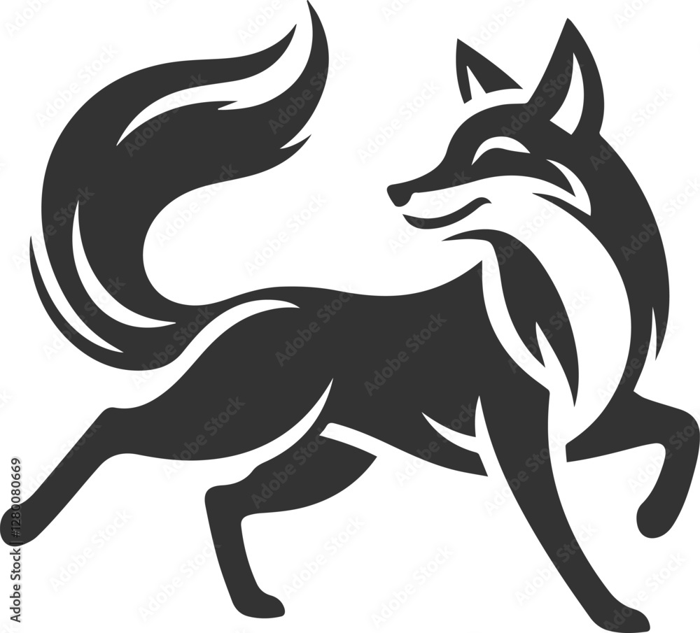 Fototapeta premium A fox prancing with its tail swaying happily animal vector silhouette