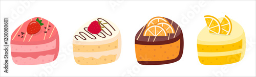 Slice of Cake Collection. Cartoon Desserts Set. Vector Illustration of Delicious Cakes. 