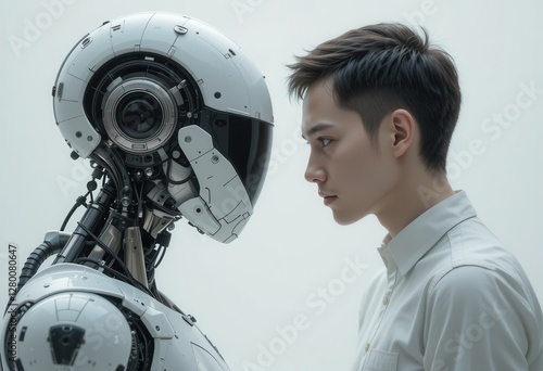 Man and robot engage in a gaze in a minimalist space
