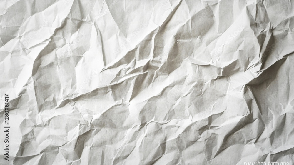 Fototapeta premium Crumpled white paper texture displaying intricate folds and creases, creating an artistic backdrop for various design purposes and creative projects