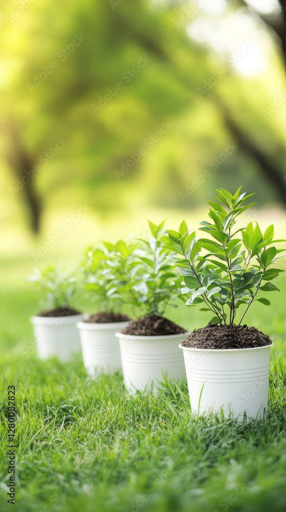Fototapeta premium Three potted plants are lined up on a grassy field