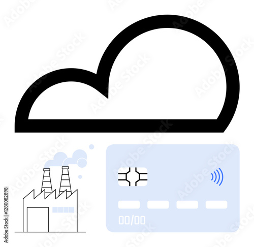 Large cloud shape, factory emitting smoke, digital payment card with contactless symbol. Ideal for technology, fintech, cloud services, automation, smart industry, finance abstract line flat