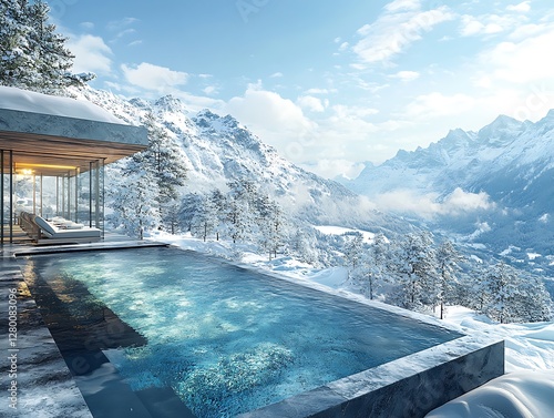 Serene winter retreat with infinity pool swiss alps landscape photography