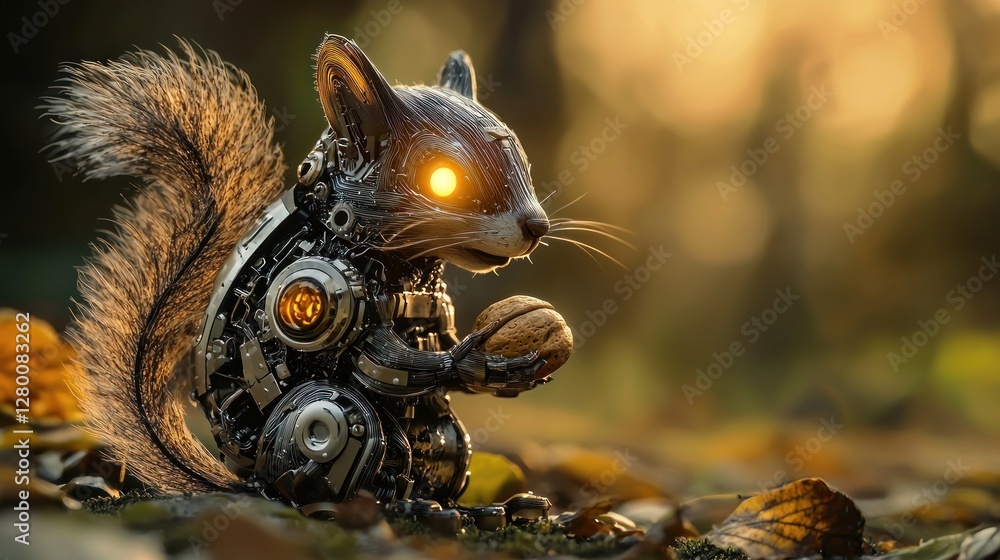 Robotic squirrel holding a walnut in autumnal setting. Robotic squirrel holding a walnut in autumnal setting.