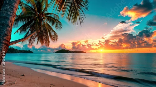 Tropical beach with turquoise water in ocean at sunset. Paradise island on summer day. Trip, travel and vacation theme