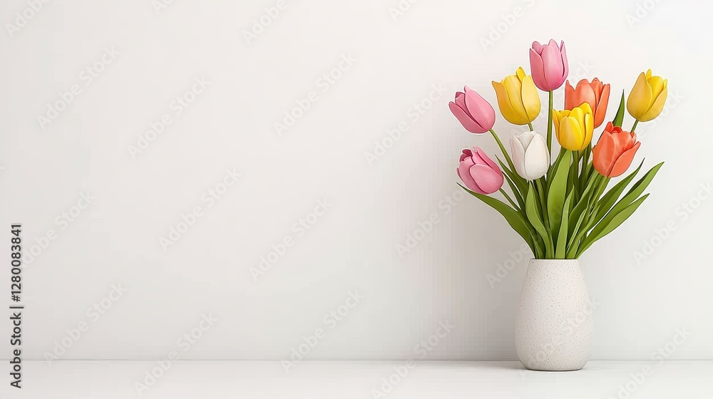 Vibrant Multicolored Tulips in a Speckled Vase Against a Minimalist White Background, Evoking Feelings of Spring and Serenity Vibrant Multicolored Tulips in a Speckled Vase Against a Minimalist White Background, Evoking Feelings of Spring and Serenity